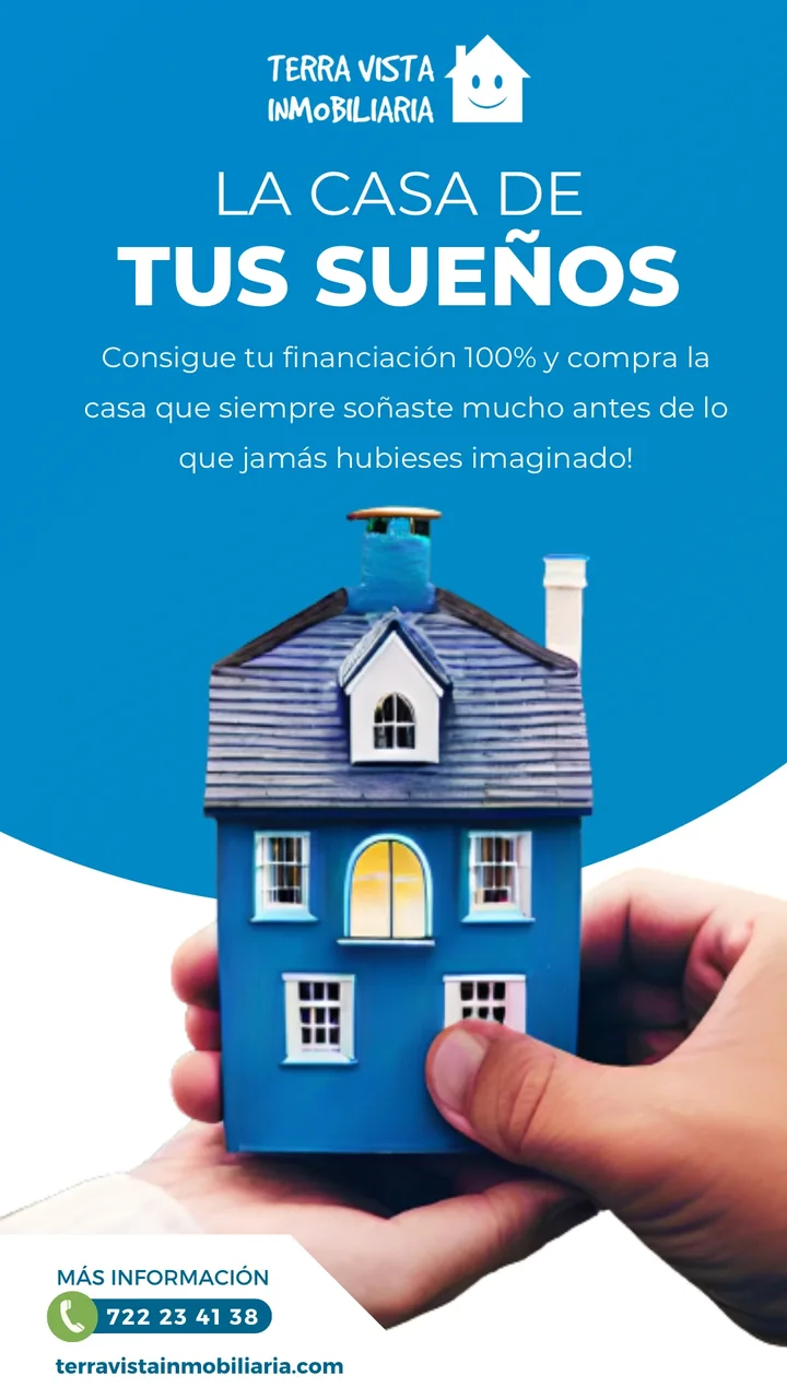 Anuncio vertical de Terra Vista Inmobiliaria: «La casa de tus sueños», con una casa azul en miniatura sostenida por una mano, el mensaje de financiación y los datos de contacto