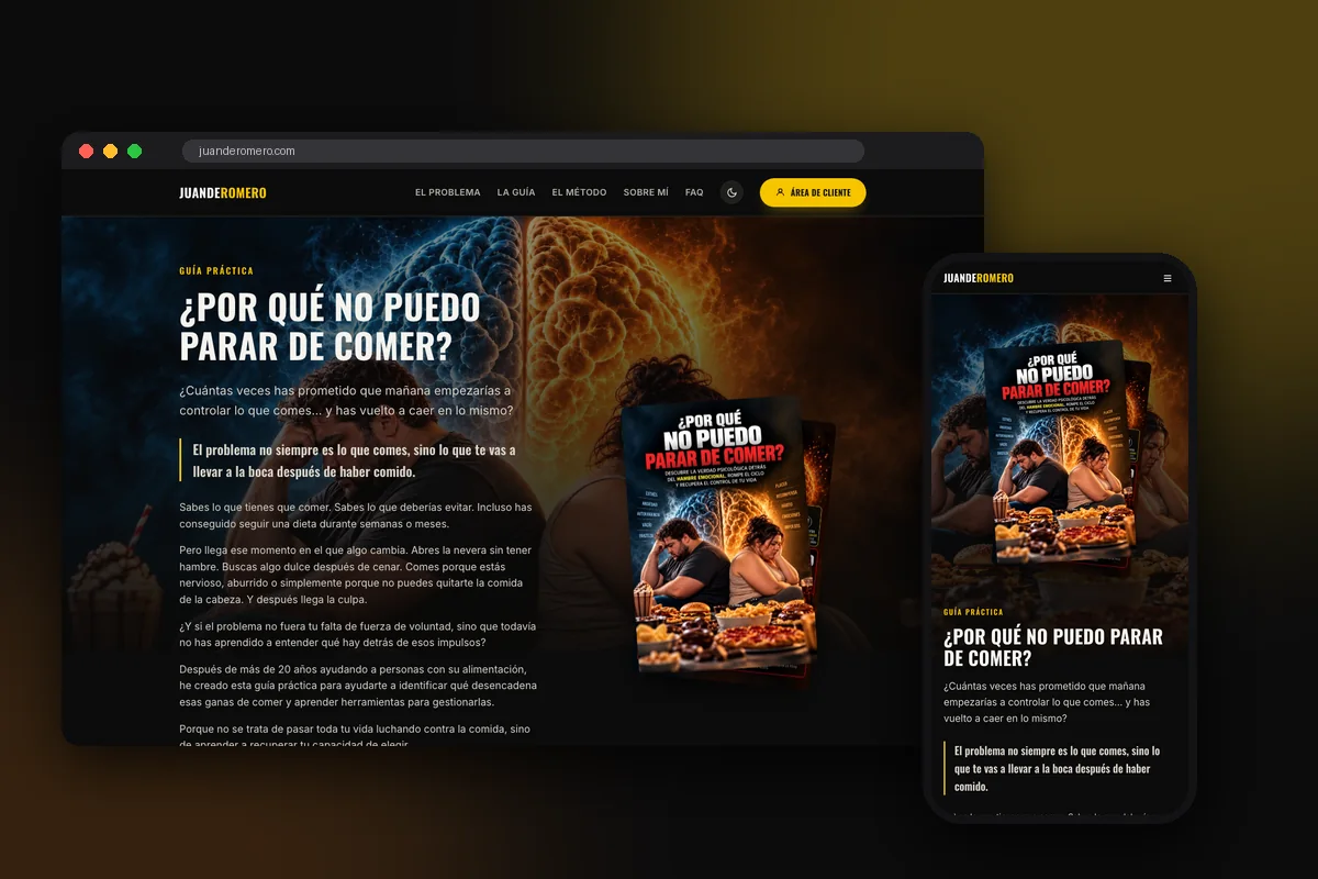 Individuelle Website von Juande Romero auf Desktop und Smartphone, mit dem Cover des Ratgebers „¿Por qué no puedo parar de comer?“