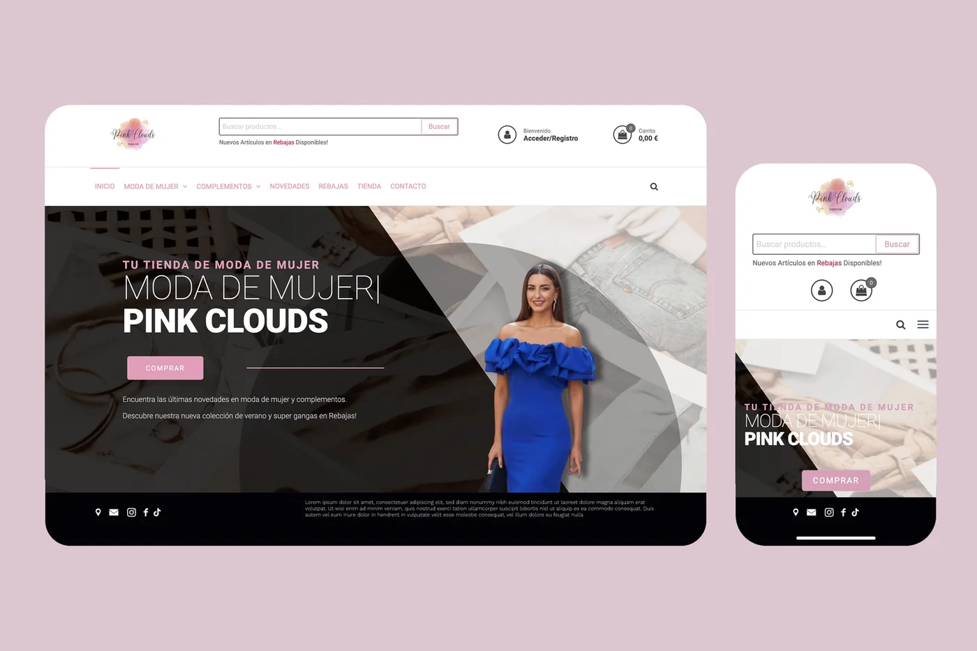Tienda online de moda de mujer Pink Clouds, versión de escritorio y móvil