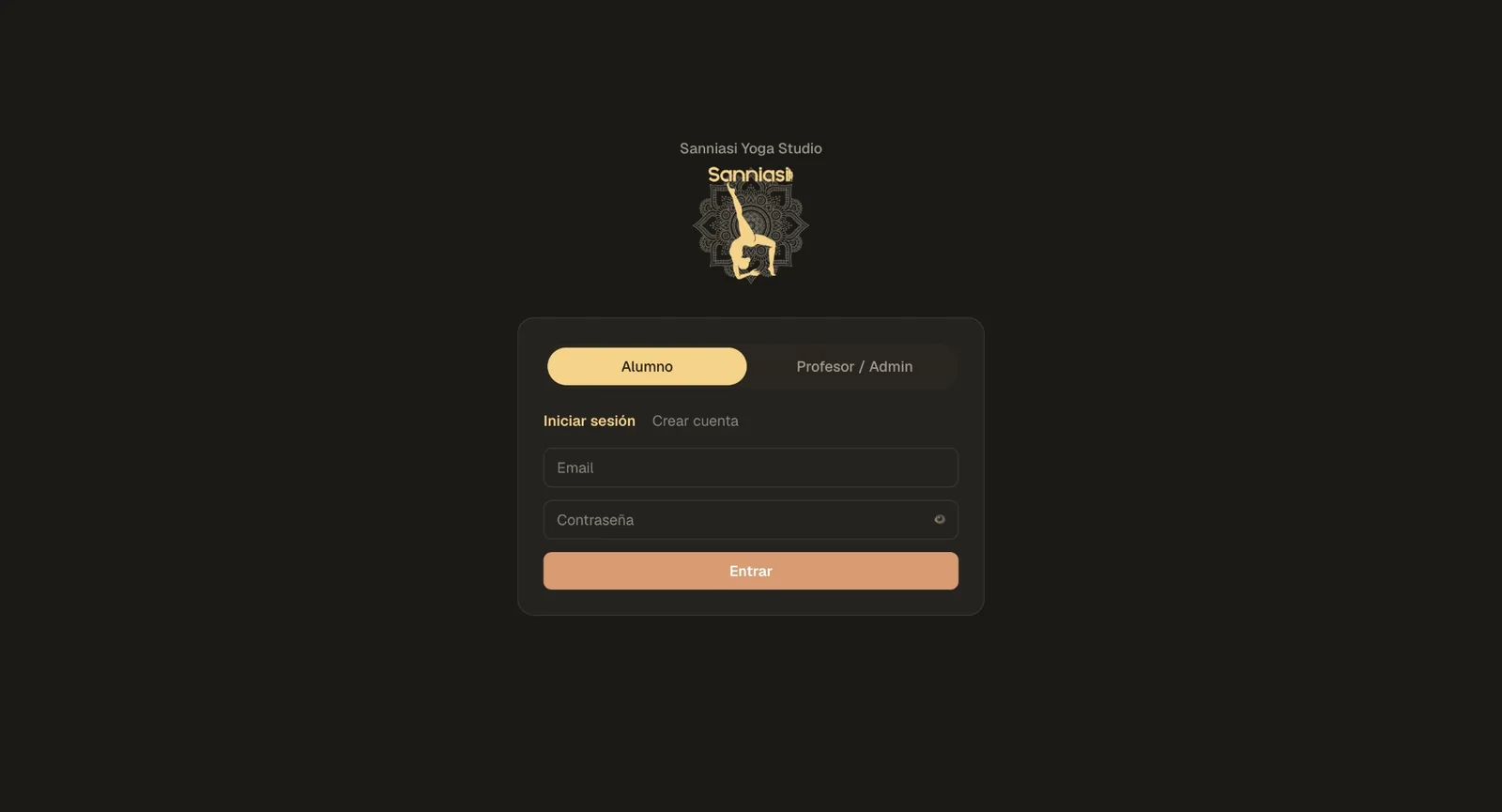 Pantalla de acceso de la aplicación de reservas de Sanniasi Yoga Studio