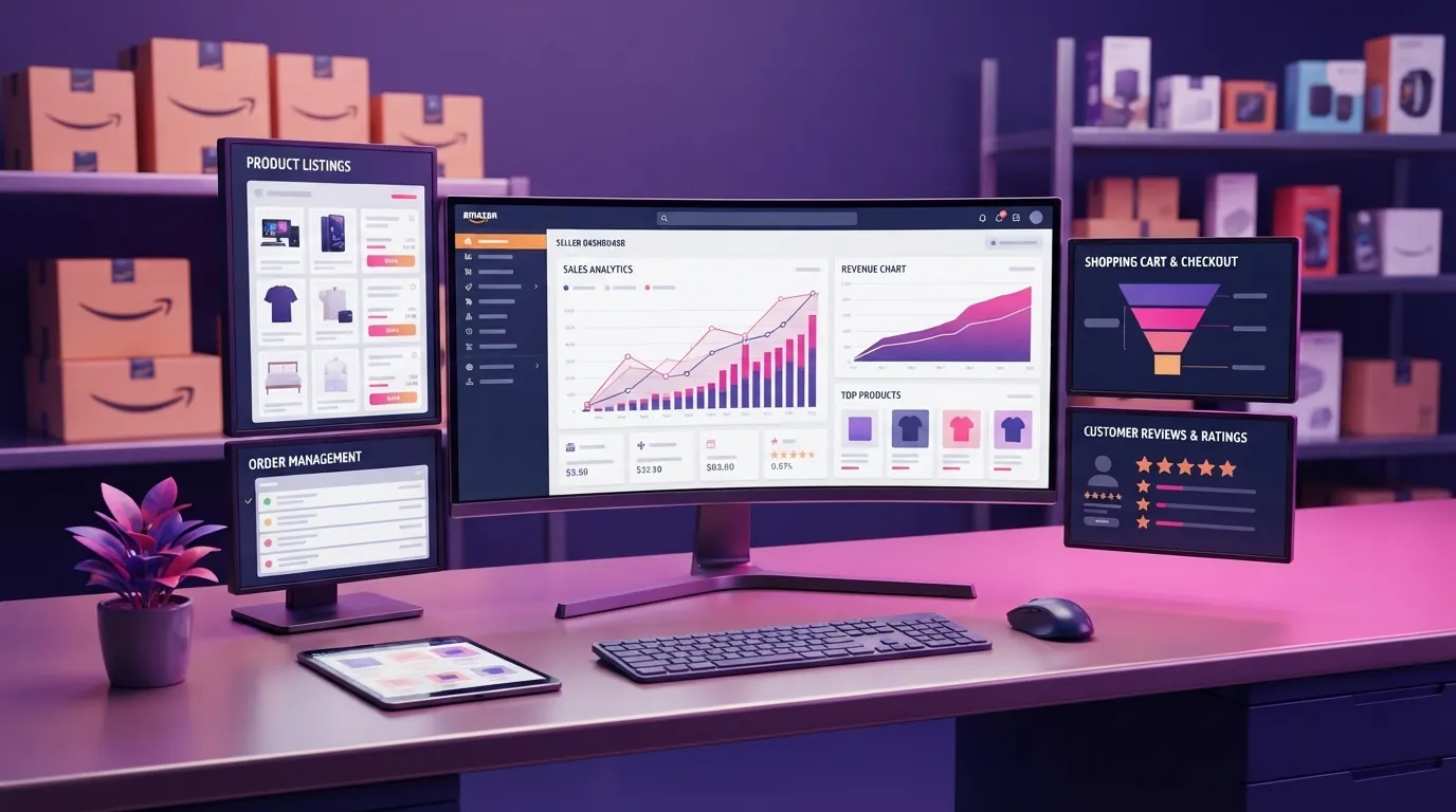 Amazon-Verkaufs-Dashboard mit Umsatzdiagrammen, Produktlisten, Bestellverwaltung und Kundenbewertungen in einem Lager voller Kartons
