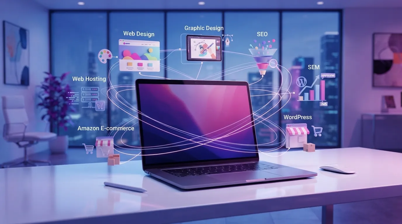Laptop op een witte tafel omringd door lichtgevende banen en pictogrammen voor webdesign, SEO, WordPress, hosting en Amazon in een modern kantoor
