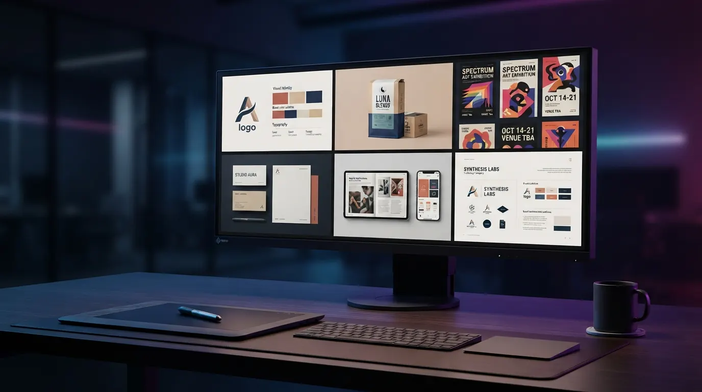 Monitor mit einem umfassenden Grafikdesign-Board: Logos, Verpackungen, Briefpapier und Plakate verschiedener Marken