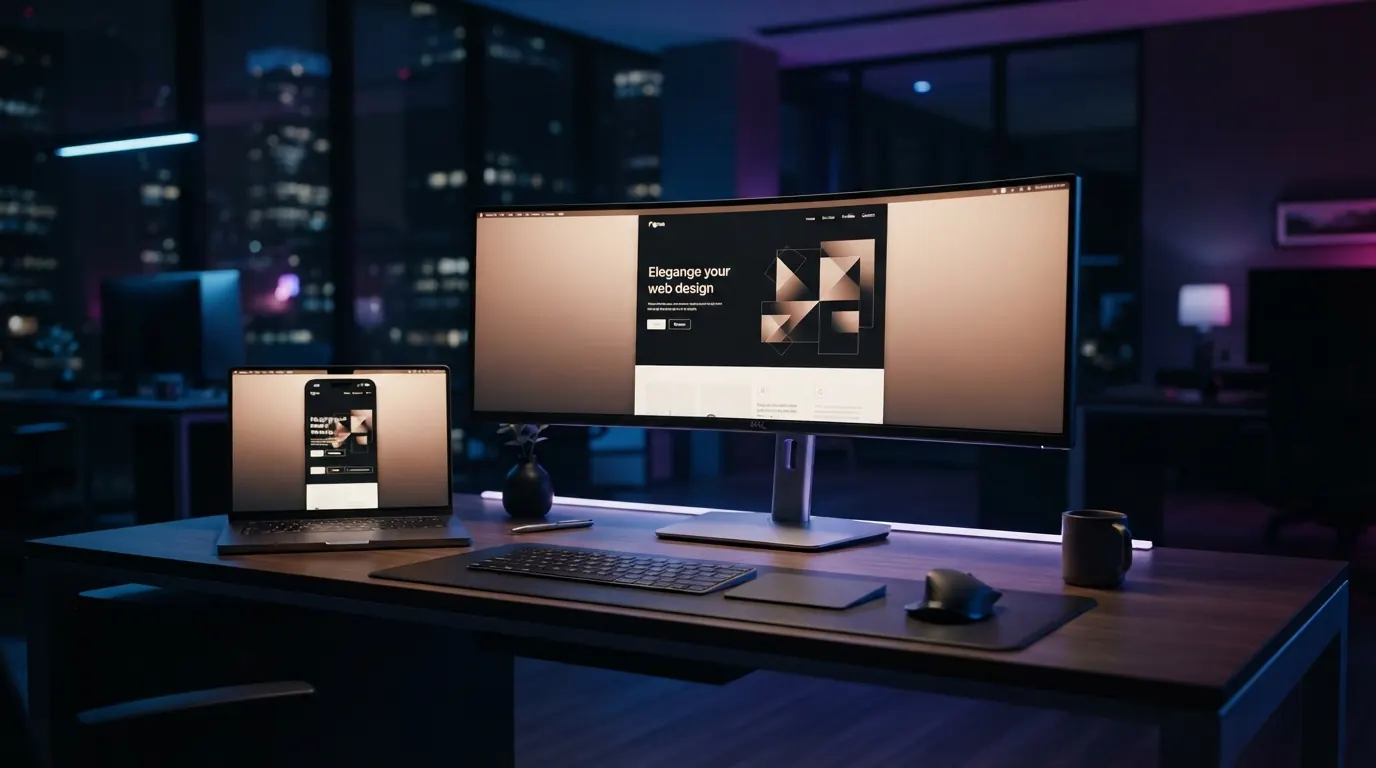 Ontwerpbureau met een breedbeeldmonitor en een laptop met een professionele website