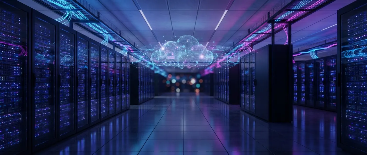 Data centre corridor with servers and a glowing cloud representing hosting with SSL and backups