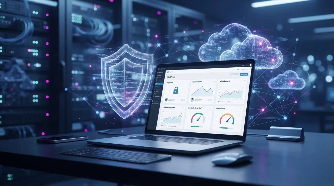 Laptop mit dem WordPress-Dashboard, einem Sicherheitsschild und vernetzten Wolken, die Wartung und Sicherheit einer Website darstellen
