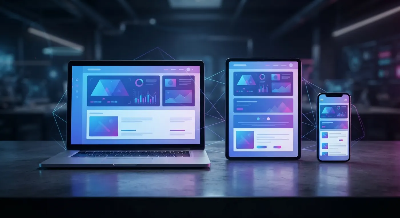 Custom website shown on a laptop, tablet and phone with the same responsive design