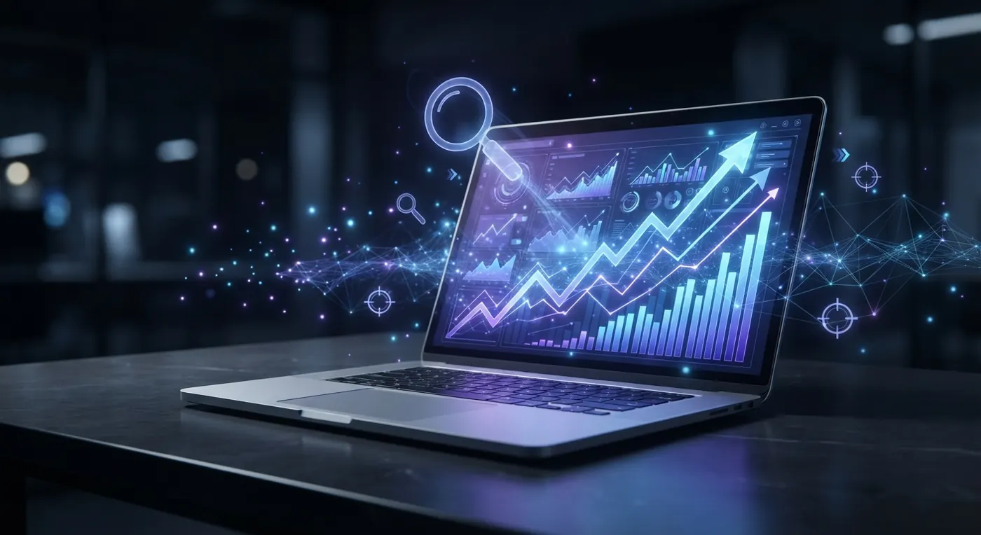 Laptop with growth charts and a magnifying glass representing local SEO