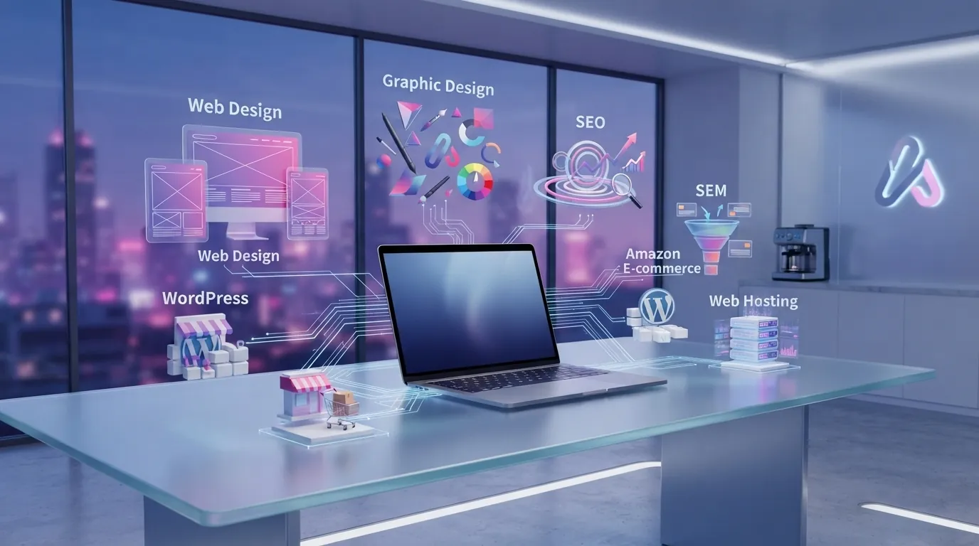 Glass table with a laptop surrounded by floating icons for web design, graphic design, SEO, SEM, WordPress, Amazon and hosting