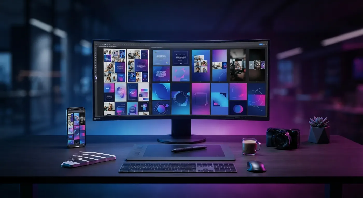 Widescreen monitor with a brand identity board, next to a phone and a camera on a creative desk